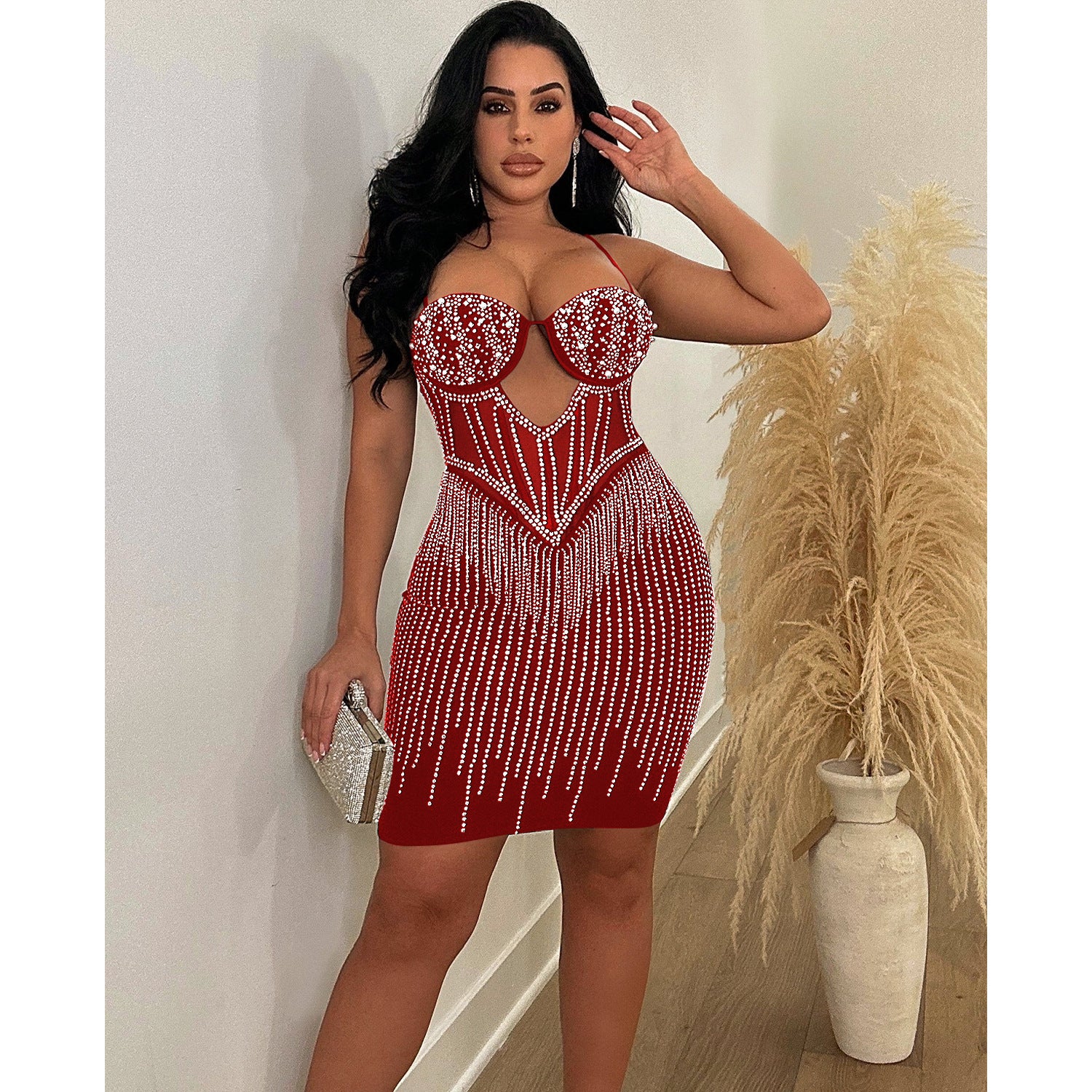 Women&rsquo;s Solid Color Mesh Rhinestone Slip Dress &ndash; Elegant and Sparkling Option for Any Occasion