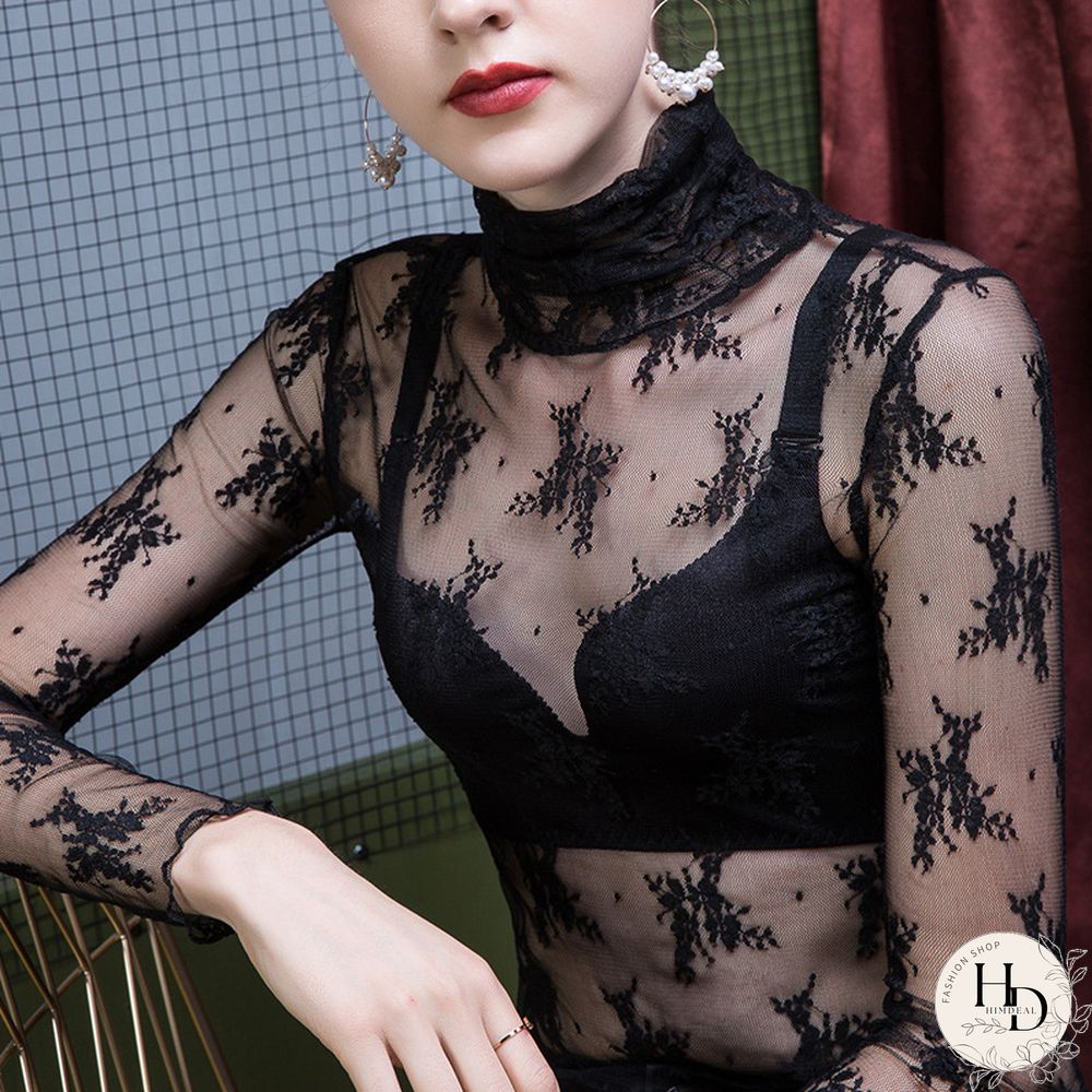 Women Mesh T-shirt Turtleneck Black Lady Lace T-shirt Long Sleeve Autumn Winter Women'sClothing AllMatch Female T-shirts