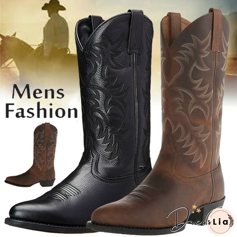 Mens Vintage Leather Mid Calf Boots Pointed Toe Western Cowboy Boots Man Retro Knee High Talll Boots Riding Boots Big Size 38-48 Botas