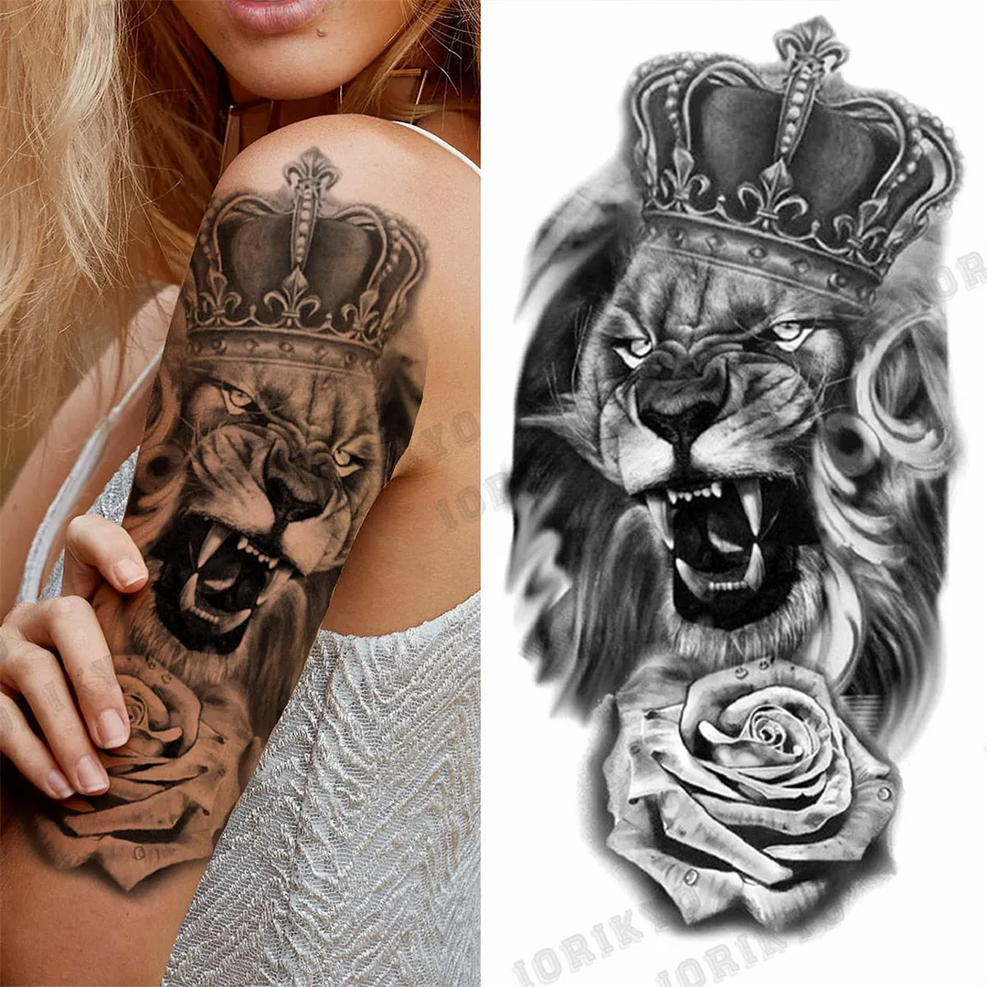 Black Lion Wolf Temporary Tattoos For Men Adult Forest Rose Compass Warrior Fake Tattoo Washable Body Art Painting Tatoo Sticker