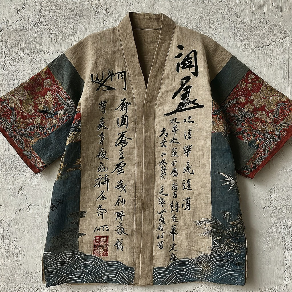 Japanese Calligraphy Art Contrast Color Linen Kimono Cardigan