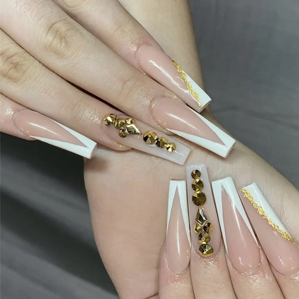 Detachable Marble Gradient Long Coffin False Nails Wearable Gold Foil Ballerina Fake Nails Full Cover Nail Tips Press On Nails