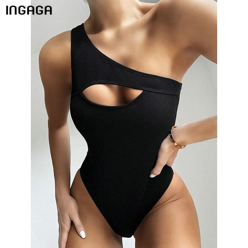INGAGA Sexy One Shoulder One Piece Swimsuit Cut Out Swimwear Women 2022 Ribbed Bodysuit Solid Beachwear High Cut Bathing Suits