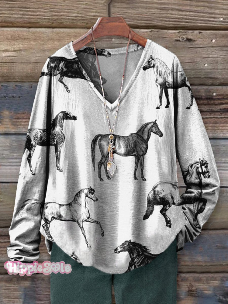 Women&rsquo;s Vintage Horse Art Print 100% Cotton Casual V-Neck Long Sleeve Shirt Multicolor / S