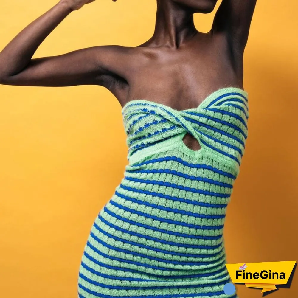 Sexy Criss-Cross Knitted Strapless Dress Women Summer Dresses NEW Casual Hollow Out V-Neck Chic Striped Hem Slit Mini Dress