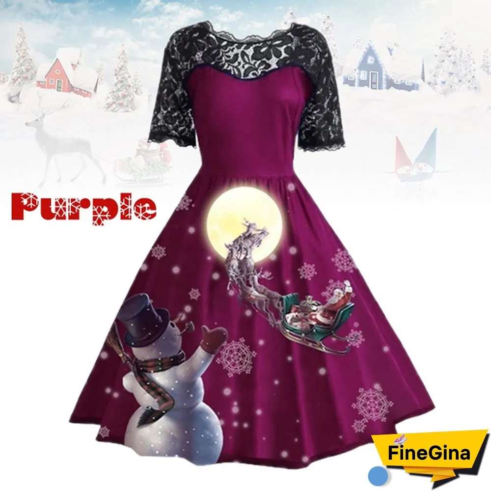 Plus Size Fashion Women Pumpkin Snowflake Print Dress Short Sleeve Lace Dress Christmas Halloween Costume Knee Length Party Dresses