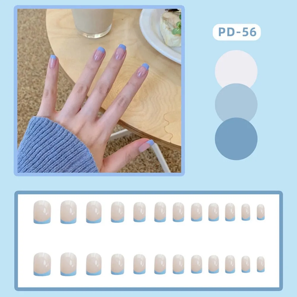 24pcs/box Blue Dye With Sequins Decorated press on nail tips Frosted Square Head Short Wearable Full Cover fake nails with glue-Nail Inspo