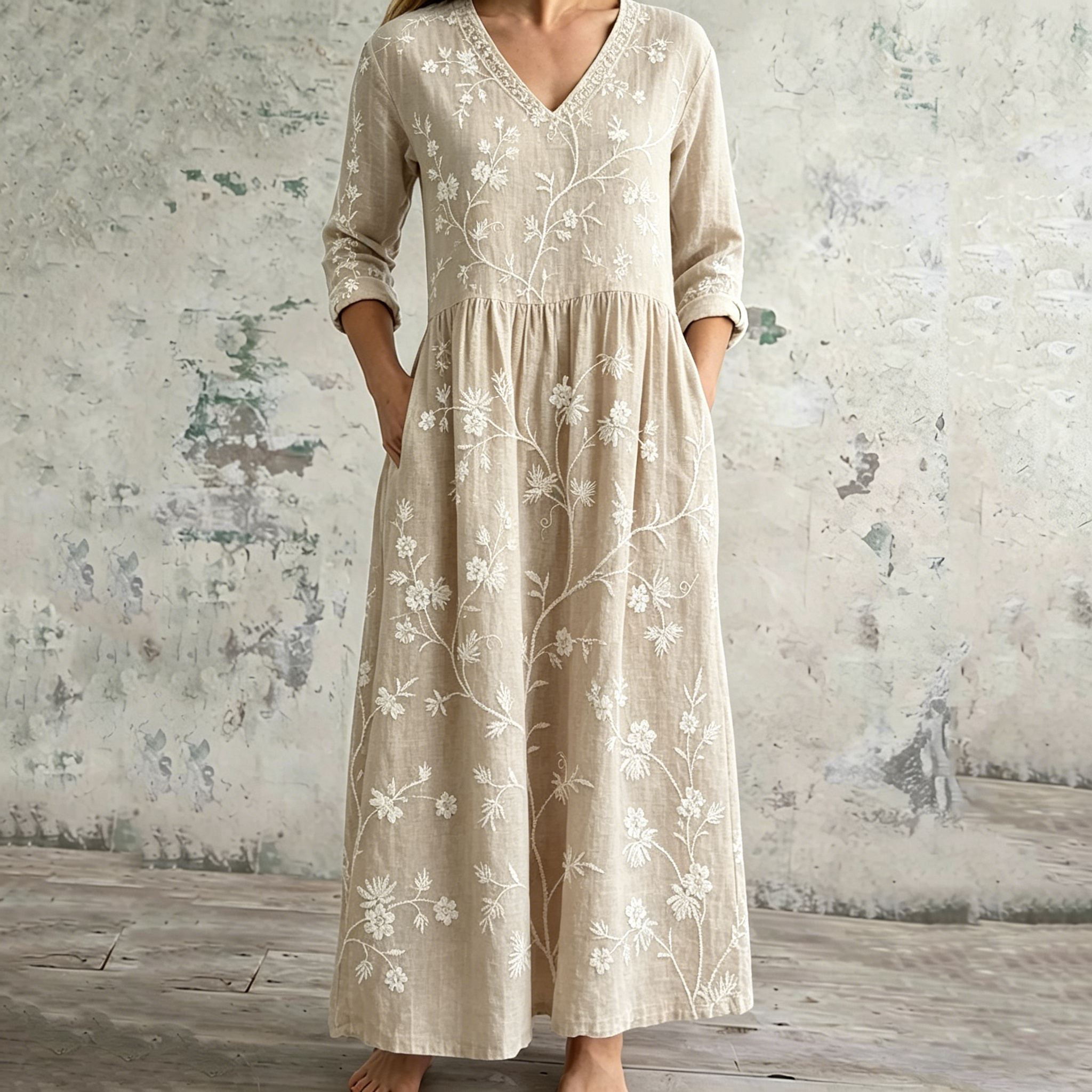 Comstylish Women's Vintage Floral Art Casual Linen Dress