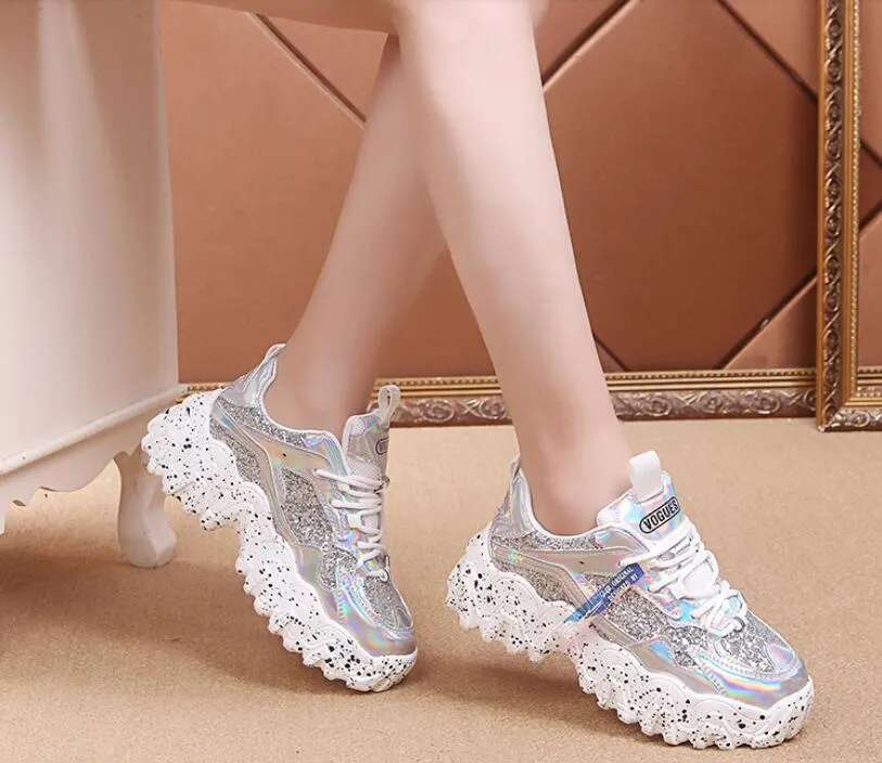 Fashion Women Shoes Dad Chunky Sneakers Women Luxury Comfortable Glossy Thick Sole Ladies Platform Wave Bottom Trainers Female