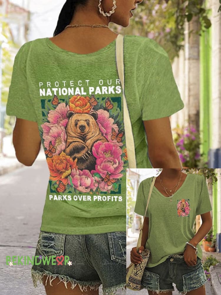 Women&rsquo;s Protect Our National Parks Print V Neck T-Shirt Green / S