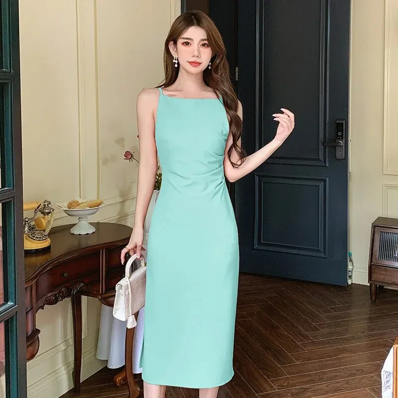 Brownm Summer Elegant Women Evening Dress Simple Solid Sexy Strap Slim Slit Midi Party Club Beach Prom Robe Femme Mujer Vestidos
