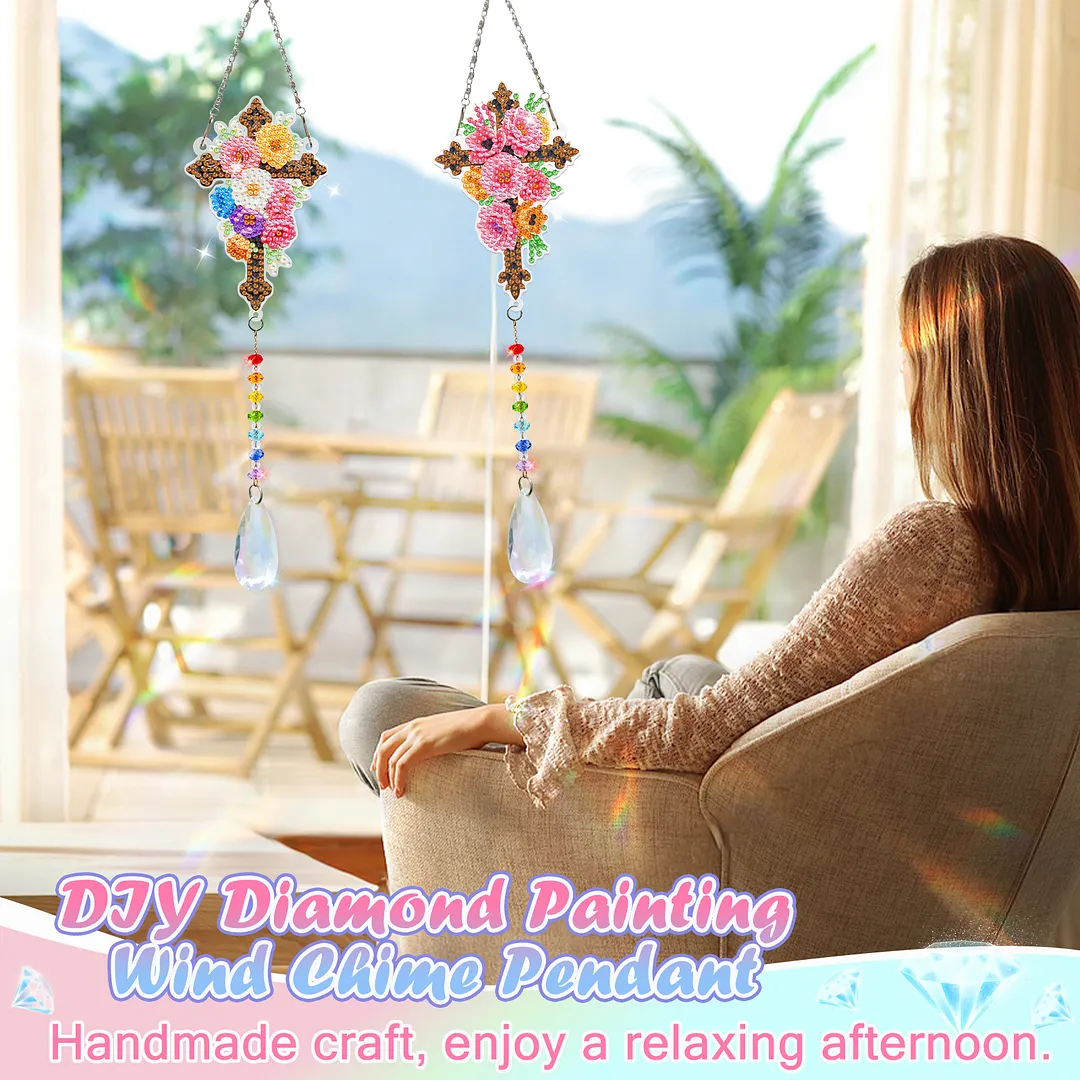 2Pcs Cross DIY Acrylic Diamond Painting Art Wind Chimes with Crystal Pendant Diamond Art Hanging Pendant Double-Sided for Adults Beginners Gift Home Garden Decor
