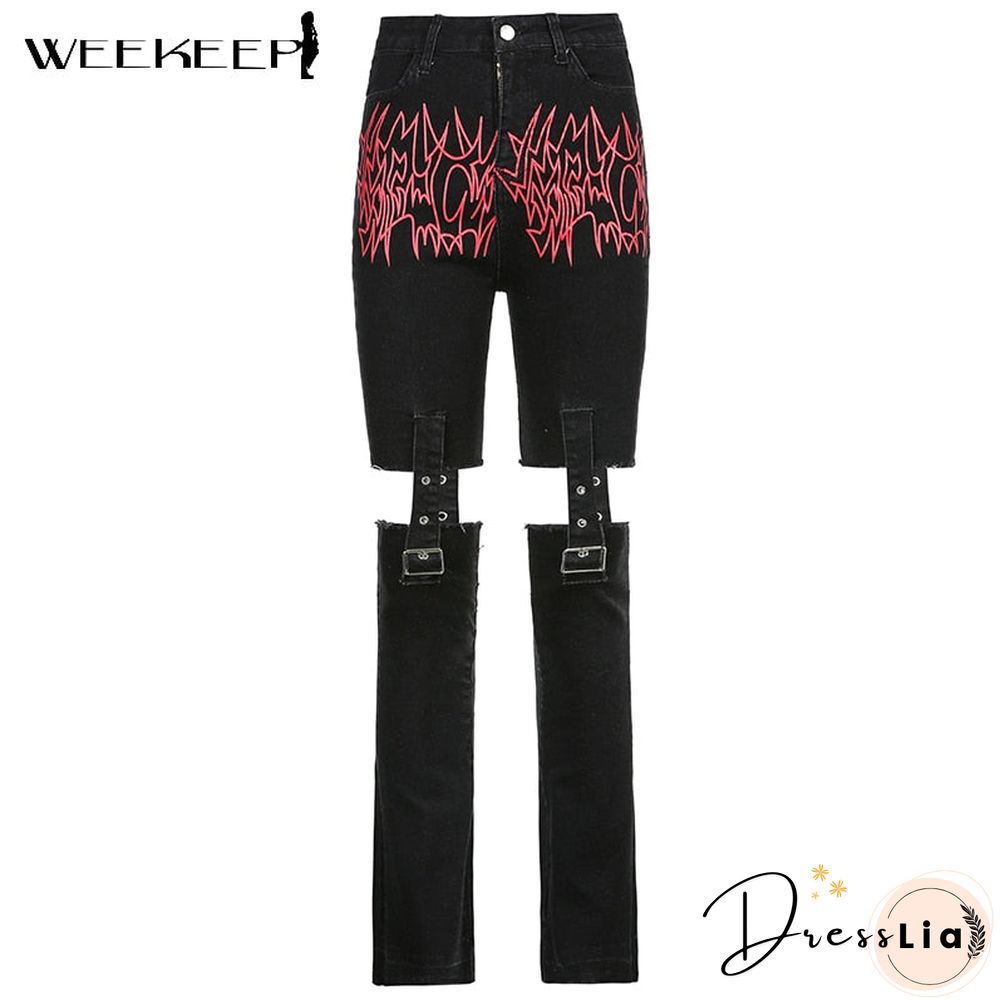 Weekeep Gothic Print Cut Out Blcak Jeans Women High Waist Denim Long Pants Summer Vintage 90S Harajuku Streetwear Punk Trousers