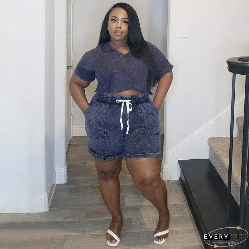 Plus Size Women Print Stretch Short Sleeve Top and Shorts Casual Two Piece Set