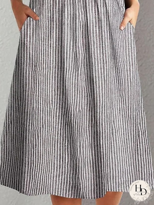 Casual Dress Summer Dress Print Dress Stripe Ruched Pocket Crew Neck Midi Dress Active Fashion Outdoor Daily Short Sleeve Regular Fit Gray Summer S M L XL XXL for Women