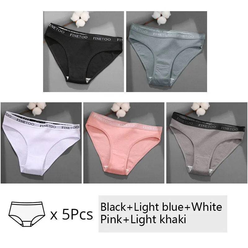 FINETOO 5Pcs/set Cotton Panties Women M-2XL Solid Color Letter Underwear Ladies Low Waist Briefs Plus Size Underpants Lingerie