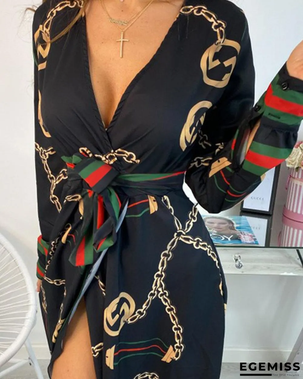 Long Sleeve Chain Baroque Print Dress Black Dresses | EGEMISS