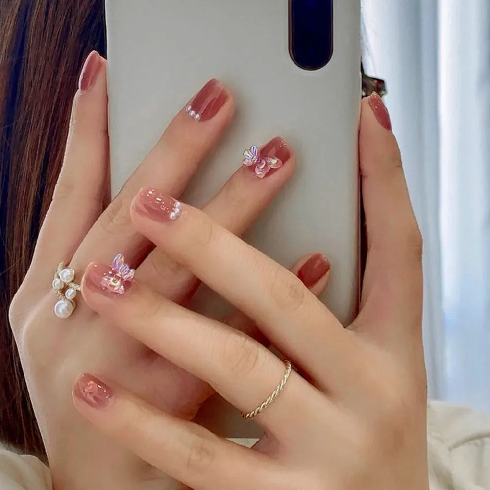 24Pcs Artificial False Nail Short Square Head False Nails Red Bow Decor False Nails With Designs Press On Nails Accessory