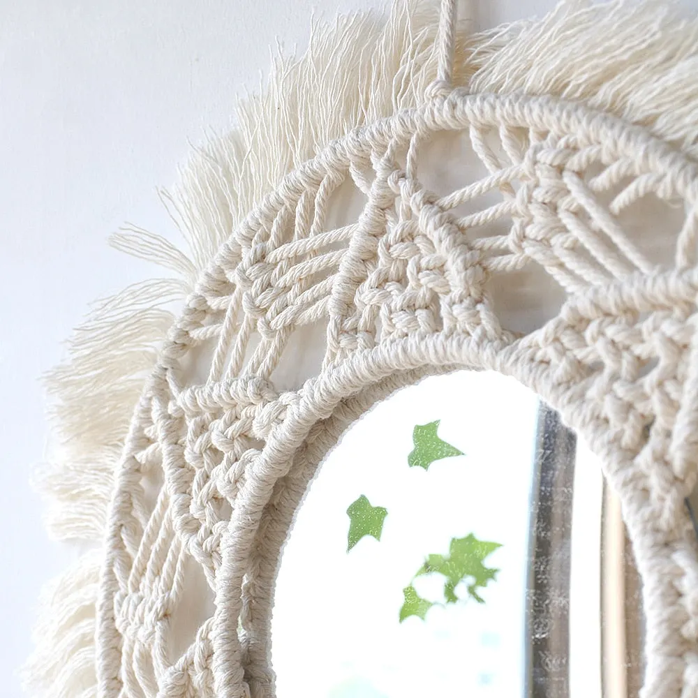 Boho Round Macrame Mirror Makeup Porch Decorative Wall Mirrors Home Decor Living Room Bedroom Christmas Decoration