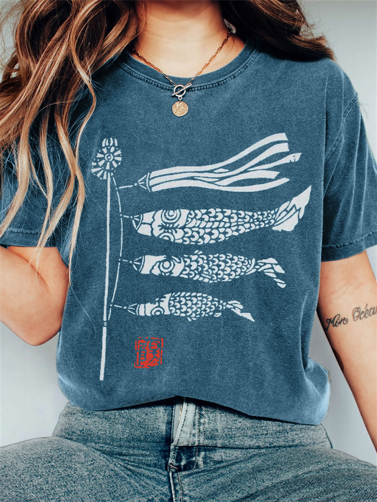 Carp Streamer Koinobori Japanese Lino Art Vintage T shirt