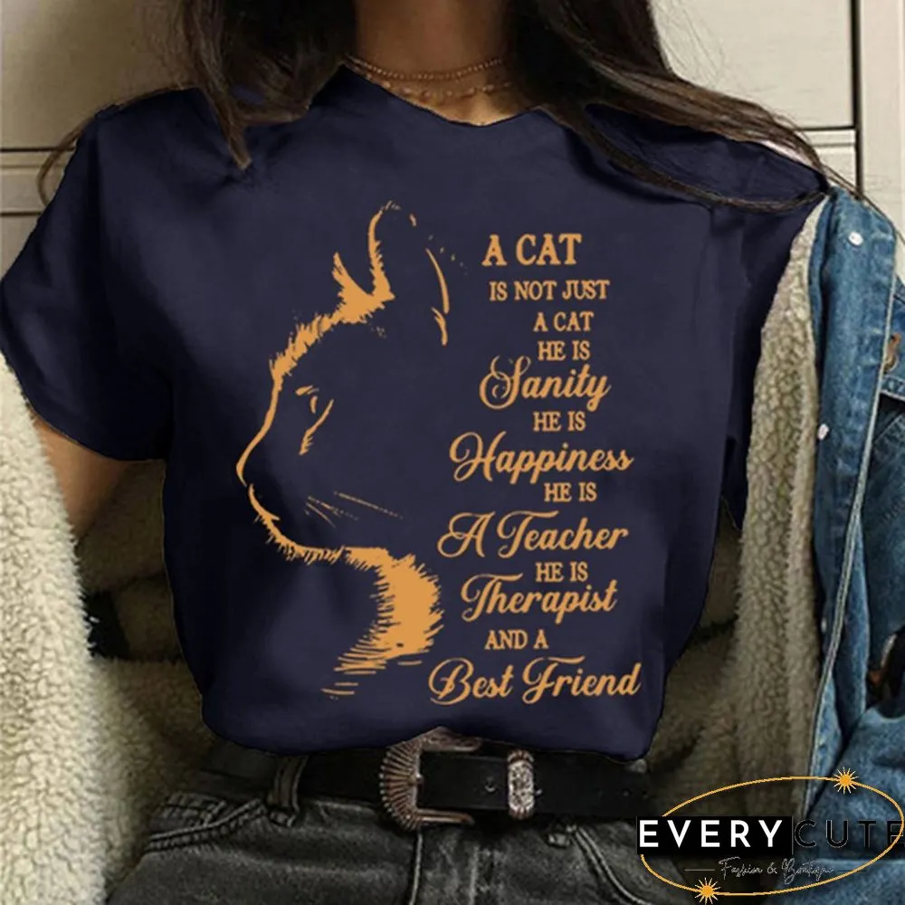 Women and Girls Cat&Letter Print Short Sleeve T-shirt Summer Short Sleeves Womens Solid Color Tees Tops Graphic Cute Cat Shirts Gifts for Cat Lovers