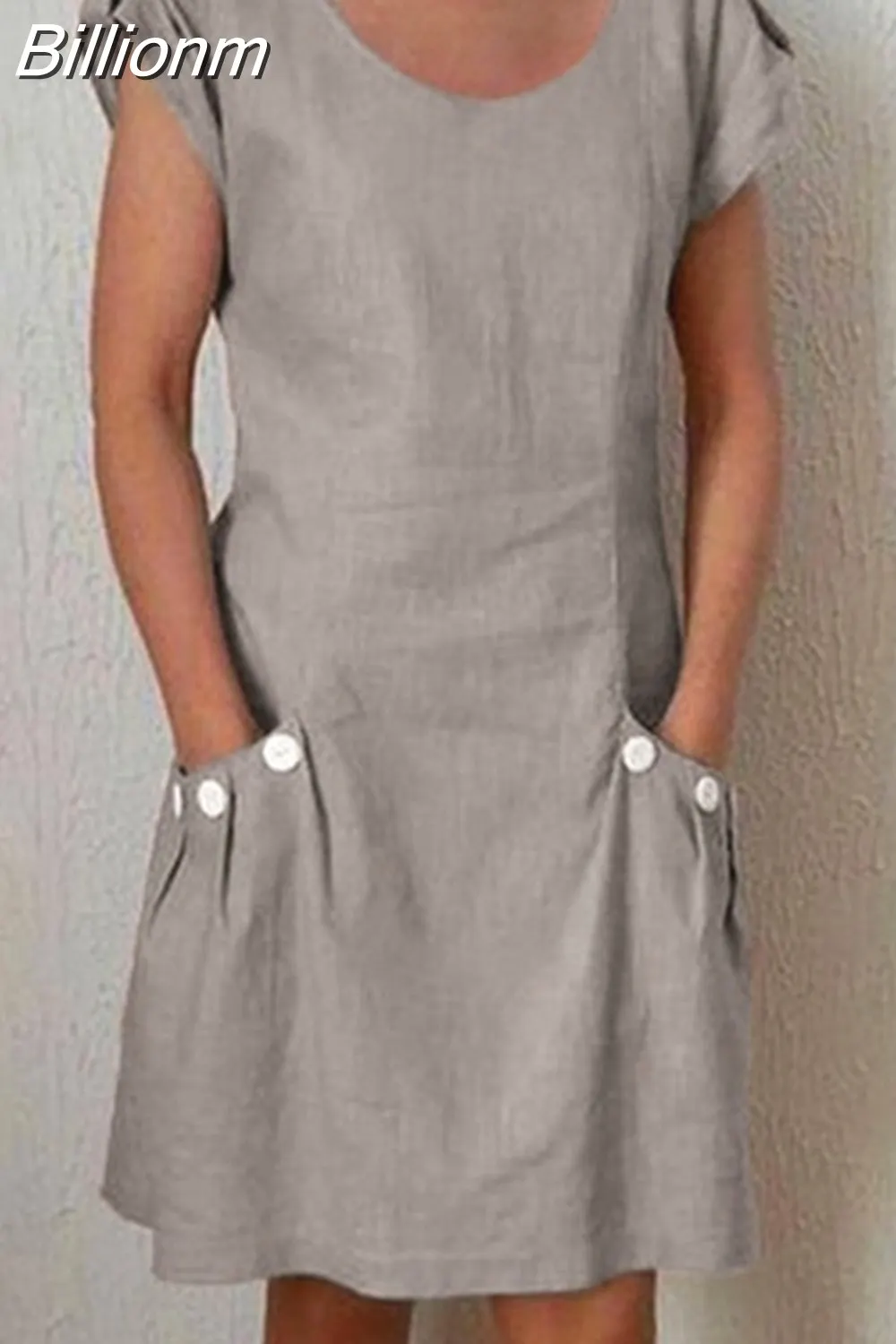 Billionm Color Button O Neck Cotton Linen Summer Dress Women Vintage Short Sleeve Pocket Knee Dress Casual Loose Plus Size Dresses