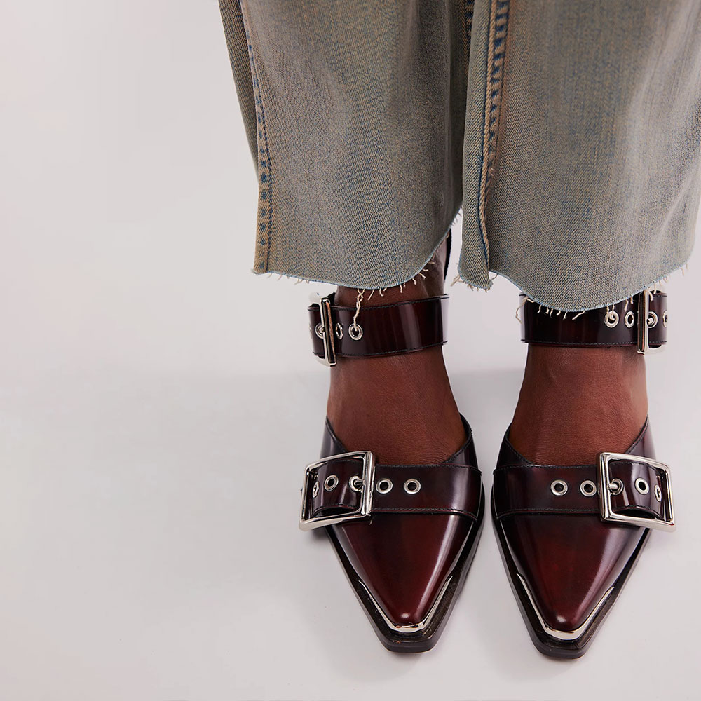 Maroon Distressed Buckle Grommet Strap Chunky Heels for Women
