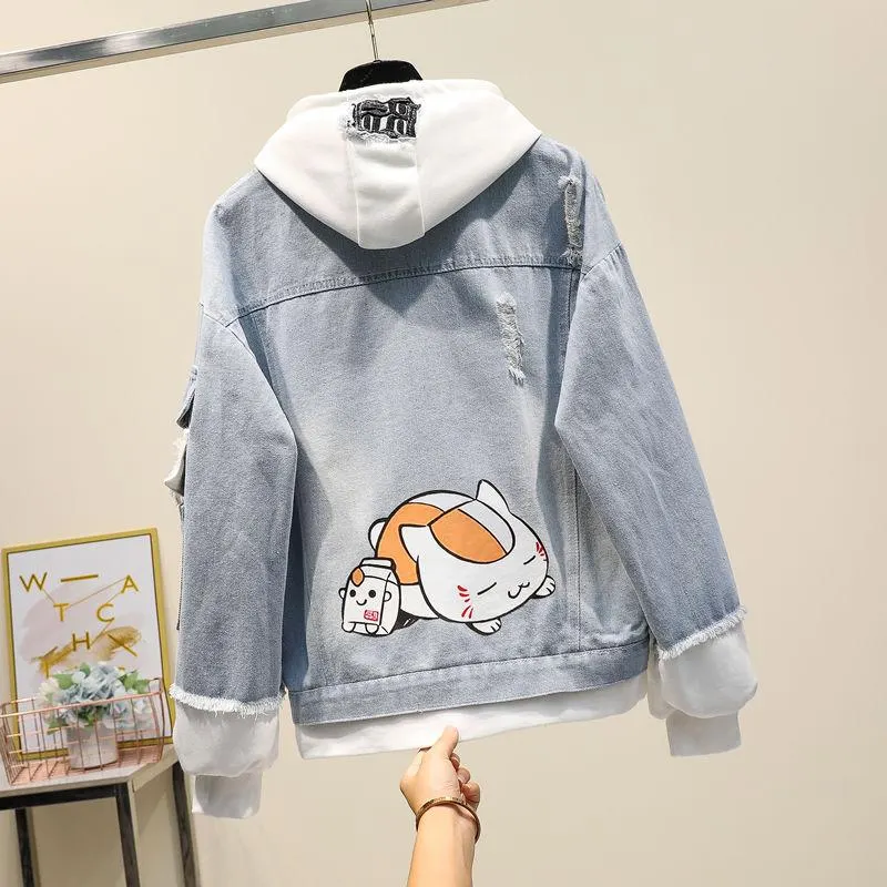 Fake Two-piece Hooded Denim Jacket Women Korean Loose Wild 2021 Autumn Winter New Chaqueta Mujer Hole Patch