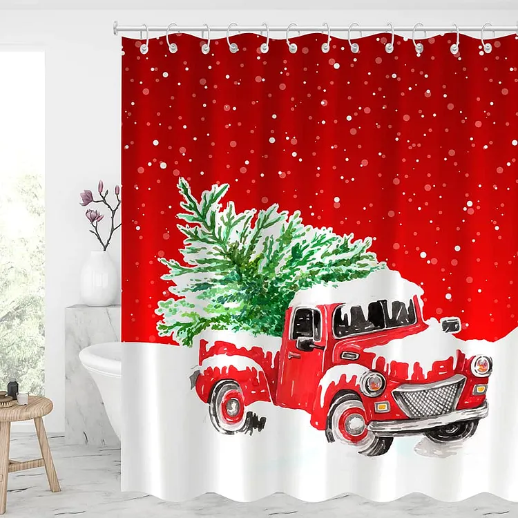 Vintage Christmas Red Truck with Christmas Tree Shower Curtains With 12 Hooks - Best Gifts Decor