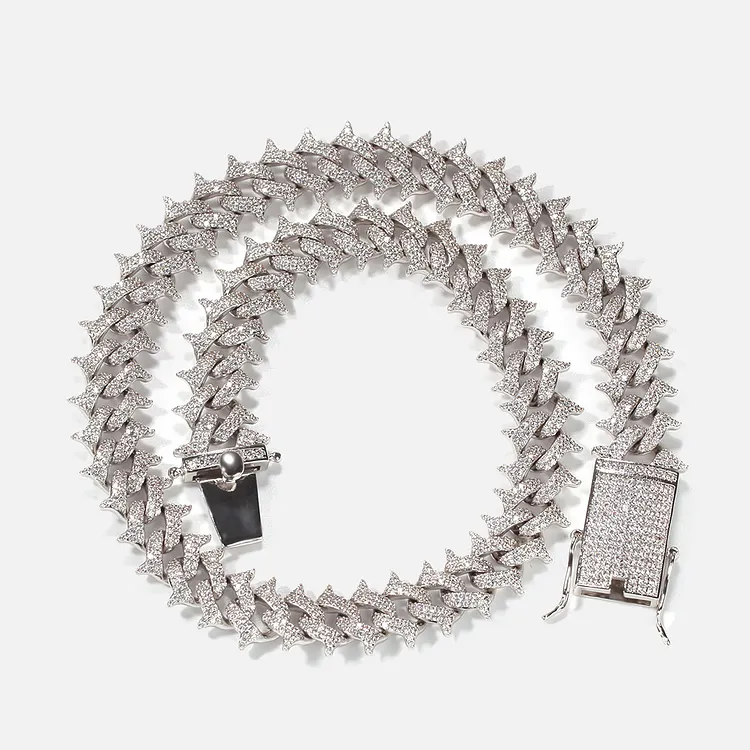 Iced Out Cuban Chains 16MM Barbed Thorns Necklaces Hip Hop Bling Bling