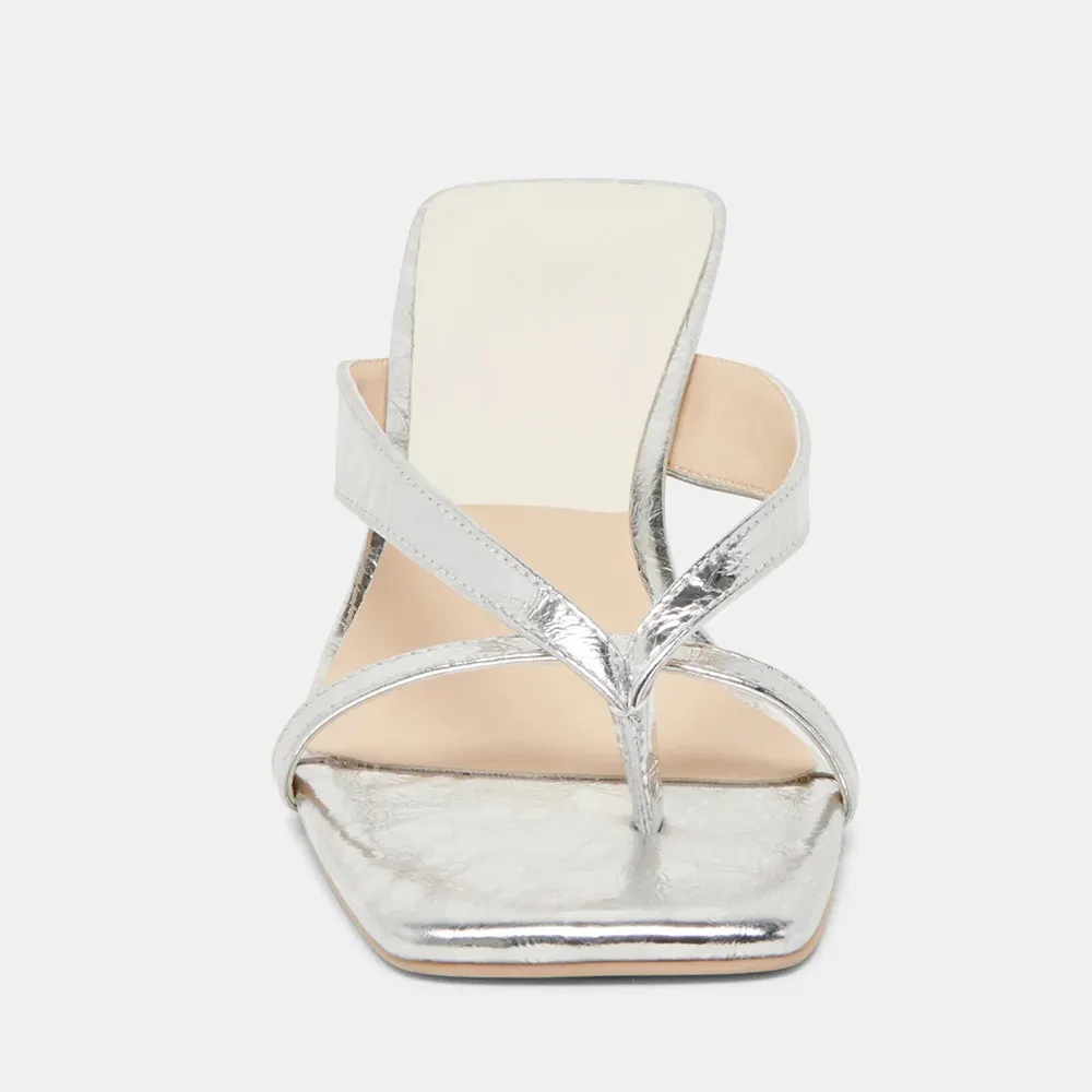 Silver Metallic Finish Open Square Toe Slide Sandals with Spool Heels