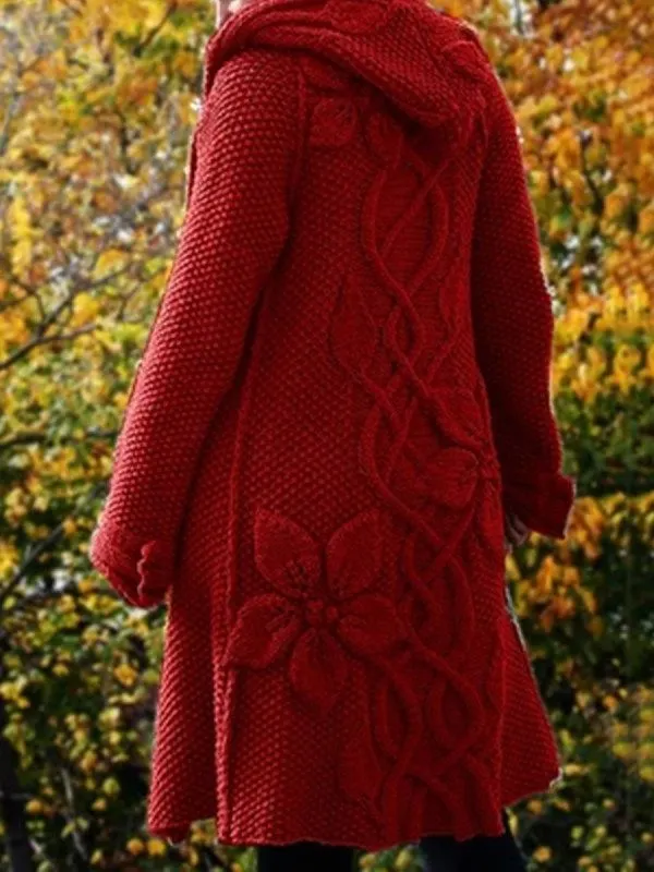 Women'S Floral Jacquard Hooded Sweater Cardigan