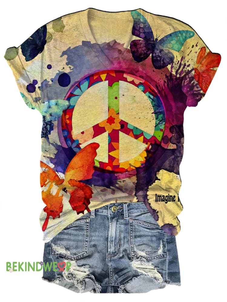 Peace Butterfly Print Casual V-Neck Short Sleeve T-Shirt Multicolor / S