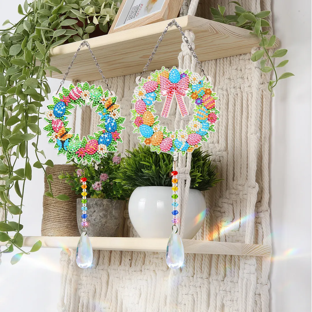 2Pcs Wreath DIY Acrylic Diamond Painting Art Wind Chimes with Crystal Pendant Diamond Art Hanging Pendant Double-Sided for Adults Beginners Gift Home Garden Decor