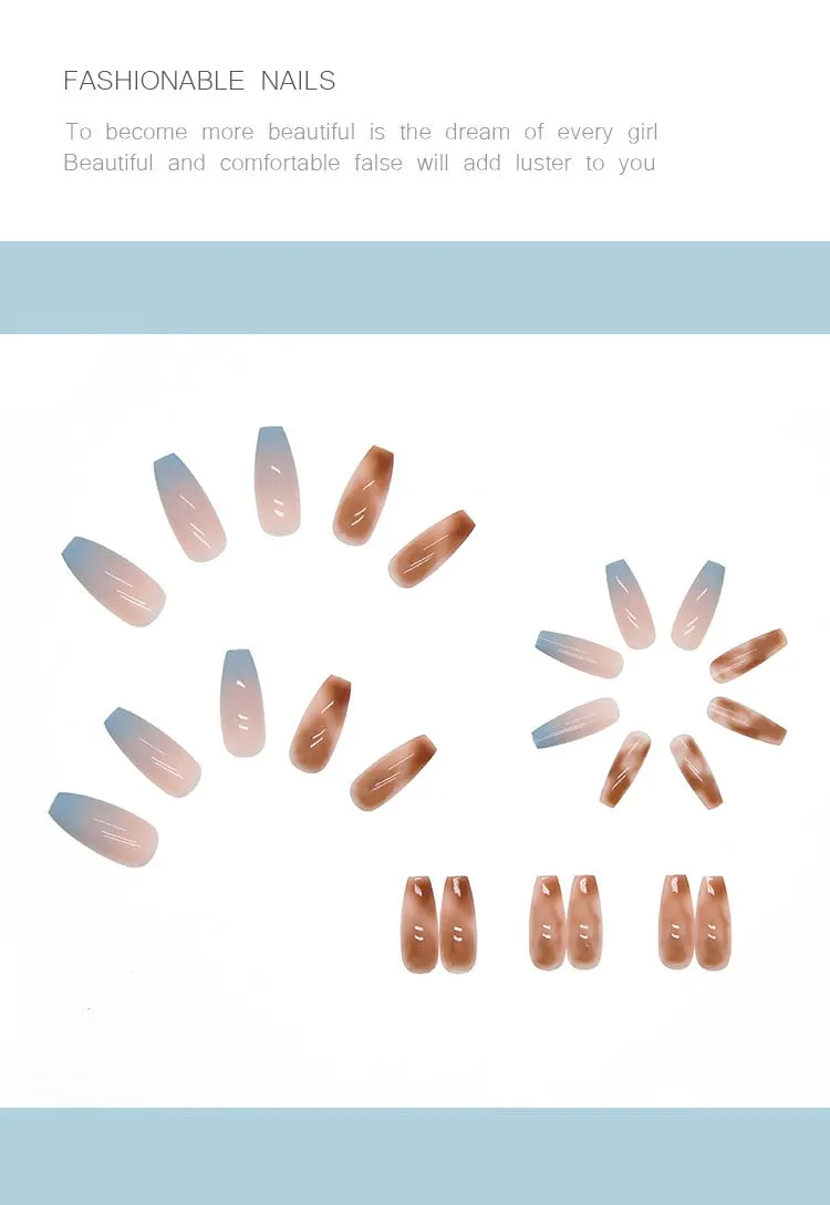 Finished Coffin Fake Nail Mottling Long Jelly Nail Gradient Color Full Cover Press on False Nails for Women Girl DIY Nail Salon-Nail Inspo
