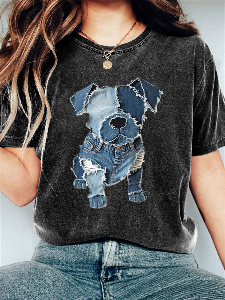 Women's Casual Funny Denim Dog Print T-shirt elevenforest