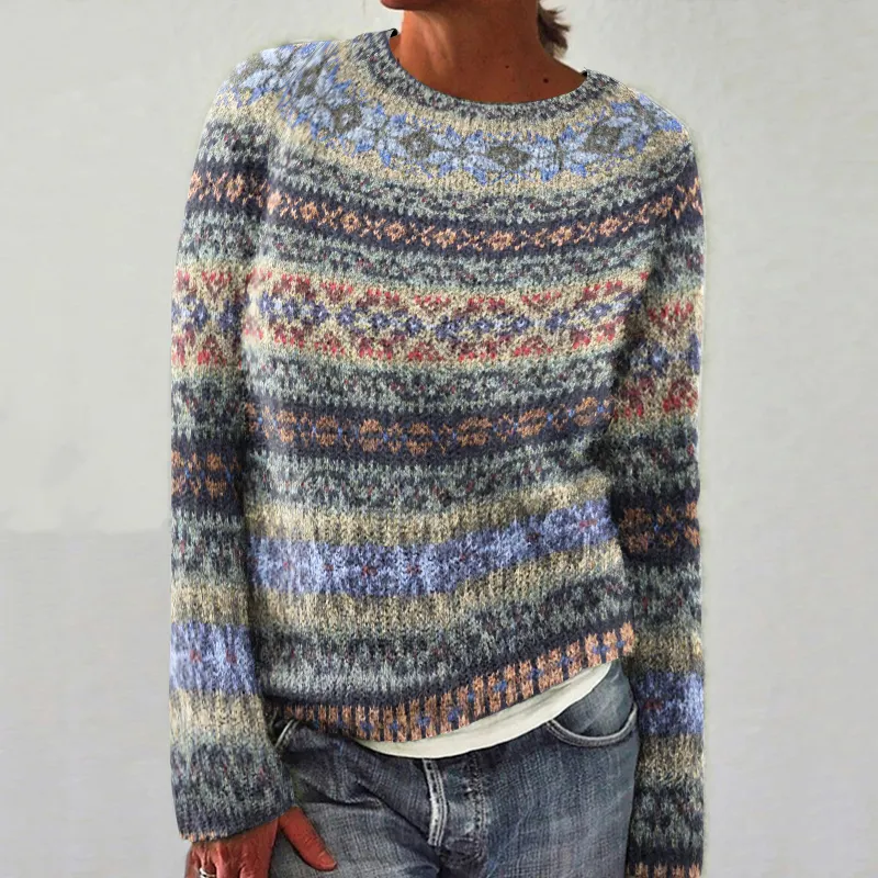 Vintage Geometric Ethnic Pattern Print Crew Neck Sweater