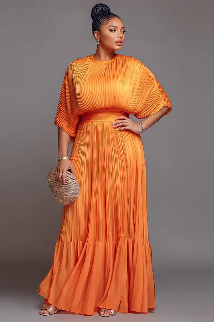 Xpluswear Design Plus Size Mother Of The Bride Orange Round Neck Short Sleeve Pleated Pocket Maxi Dresses 2024 - Xpluswear