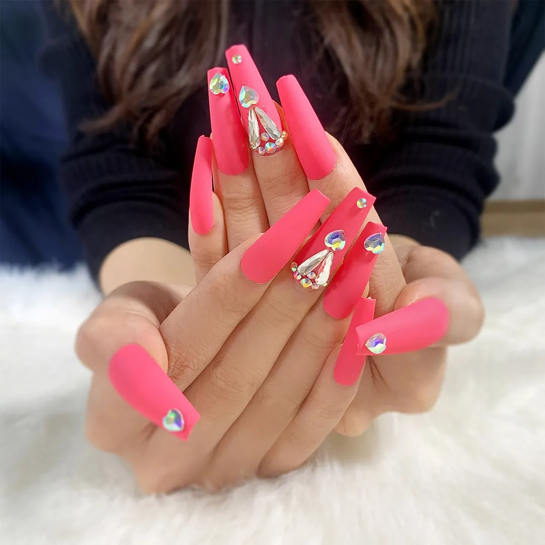 Luxury Fake Nails Designer Extra Long French Jewelry designed Nails Natural Stones Rhinestone Coffin False Nail Decoration Tips-Nail Inspo