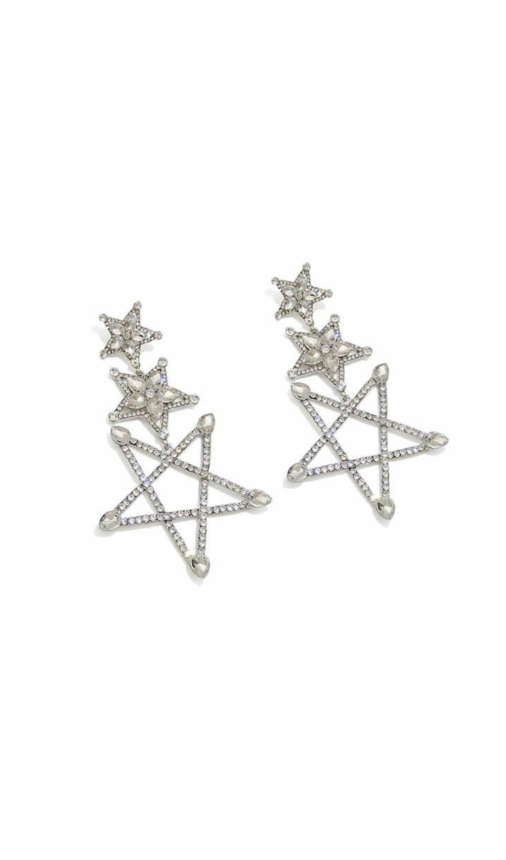 Artan Silver Pentagram Rhinestone Earrings Flowering Girl