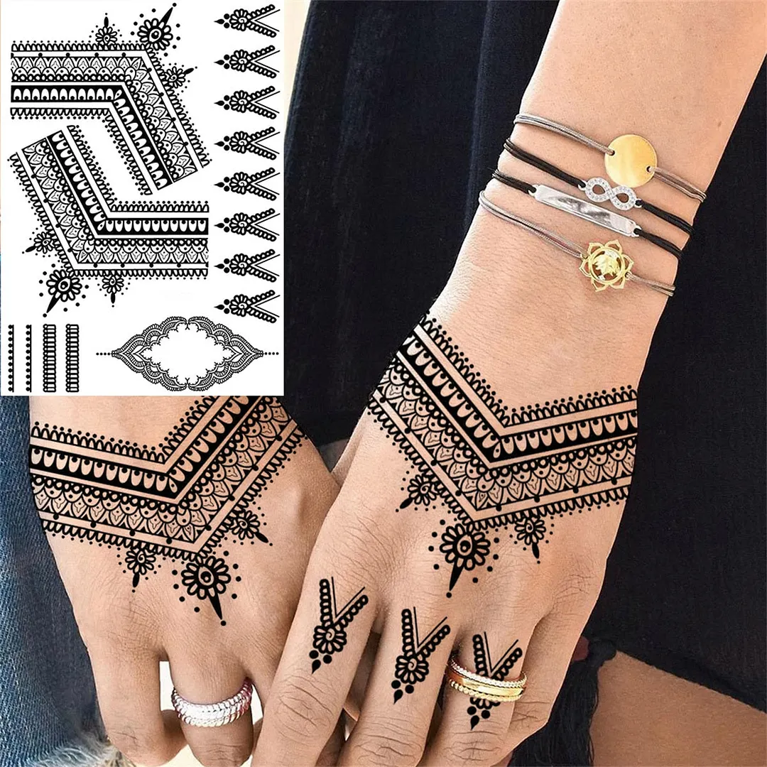 Sexy Black Henna Temporary Tattoos For Women Girls Lotus Flower Lace Tattoo Sticker Fake Jewelry Mandala Body Chest Tatoos Paper