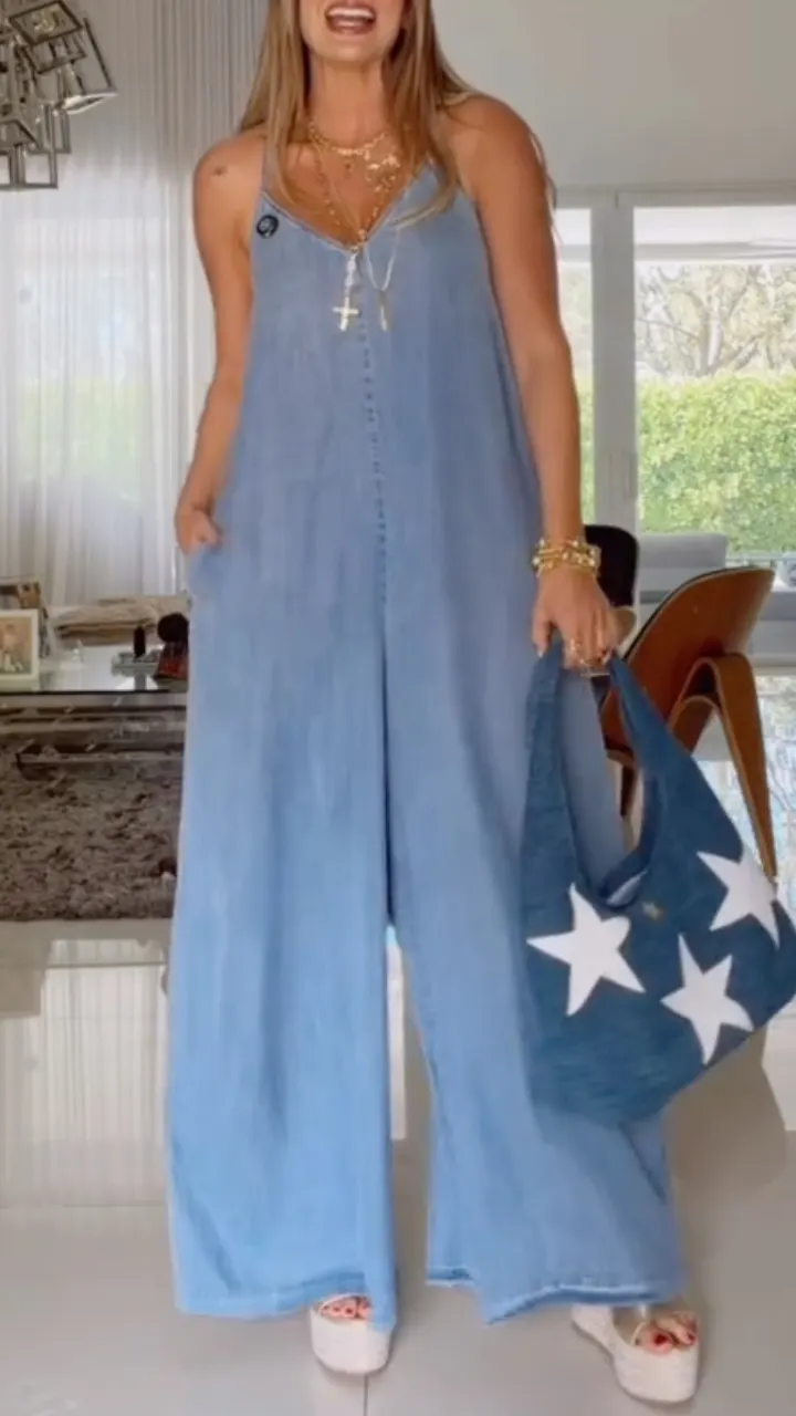 V-Neck Halter Top Tencel Denim Casual Jumpsuit