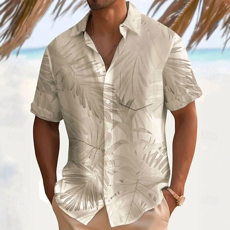 Comstylish Men's Palm Leaf Casual Shirt Summer Hawaiian Shirt