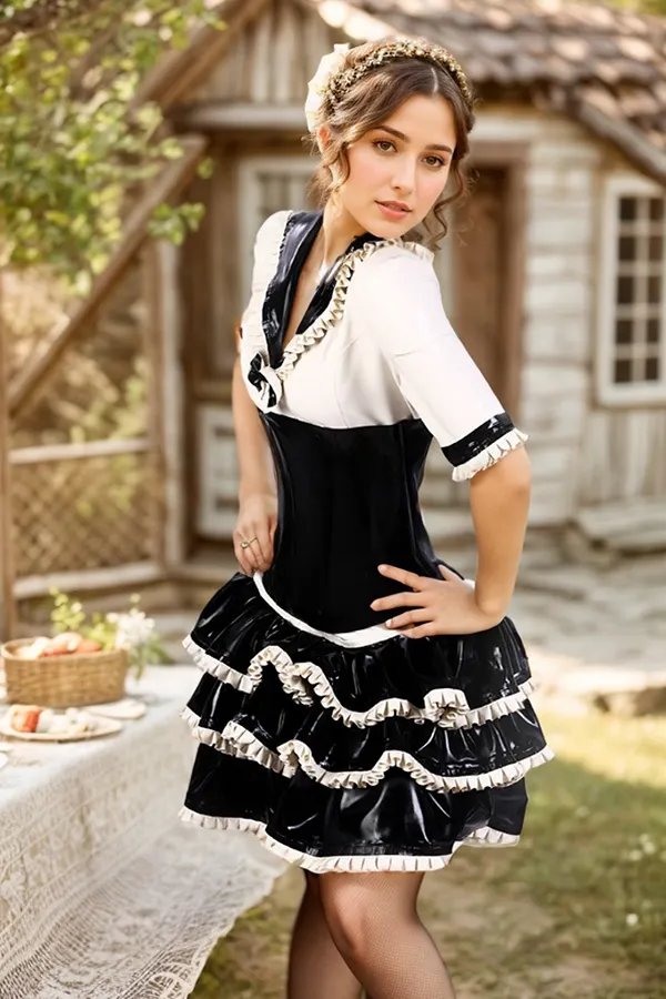 Women Latex Dress Ruffle Row Bow Cosplay Structured Corset Maid Anime style