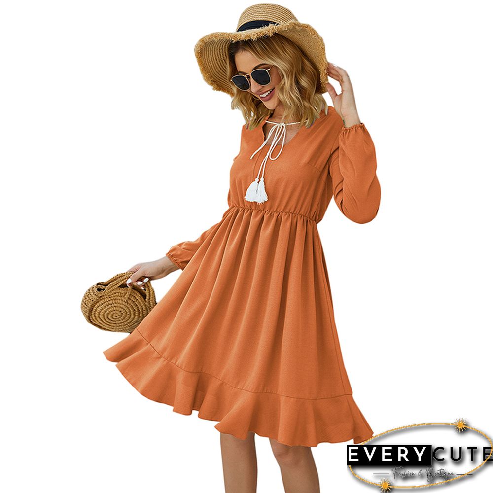 Orange Lace Up Long Sleeve Casual Dress