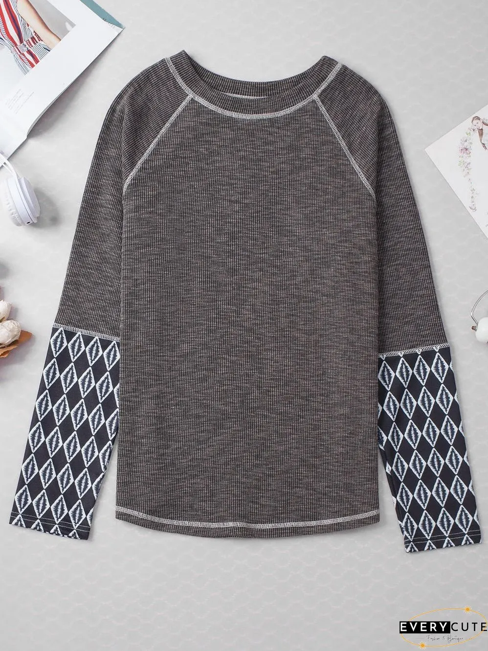 Cozy Gray Aztec Patterned Ribbed Top