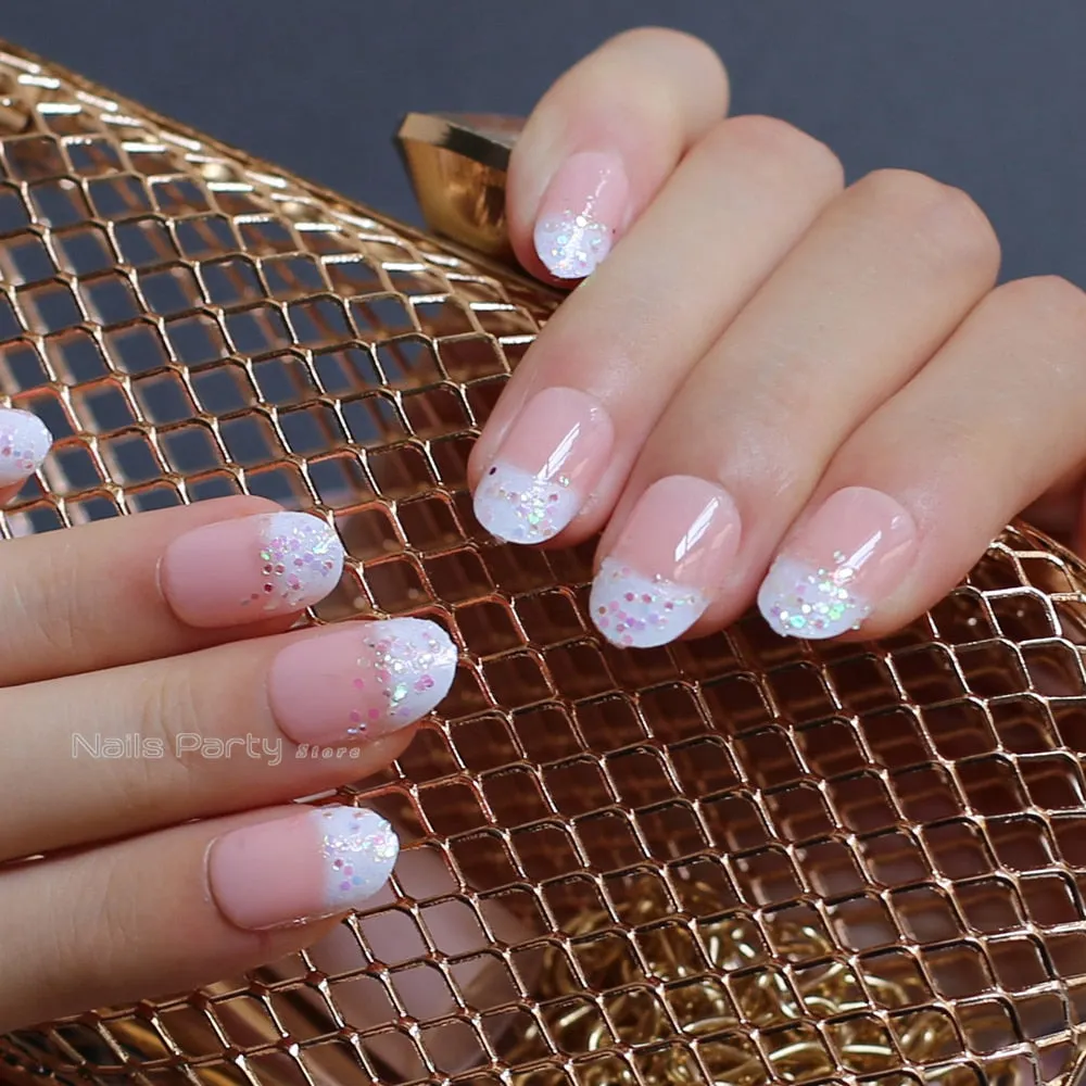 Pink nude oval fake nails french glitter false nails AB Diamond flash Cute girl Medium lovely-Nail Inspo