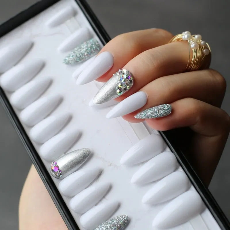 Green UV Stiletto Shiny Silver glitter crystal diamond false nails medium almond art White salon glossy fake nails-Nail Inspo
