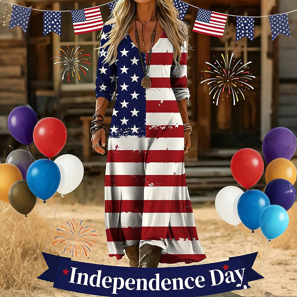 Comstylish Women's Floral Independence Day Flag Art Print Dress