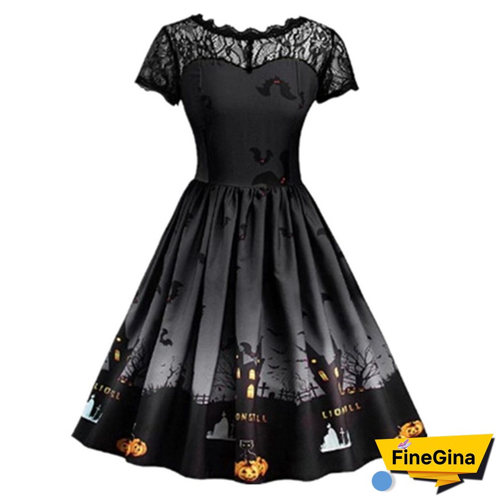 Plus Size Fashion Women Pumpkin Snowflake Print Dress Short Sleeve Lace Dress Christmas Halloween Costume Knee Length Party Dresses
